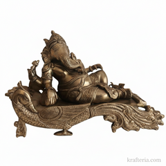 Brass Reclining Ganesha Statue – Traditional Relaxed Ganesha on Peacock Couch Idol   Brass Artwork