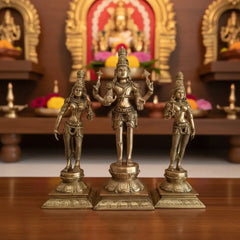 Brass Vishnu Lakshmi Bhudevi Statue Set – Antique Finish Hindu Deity Trio Idol   Brass Ware