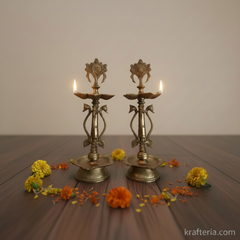 Grand Brass Shankh Chakra Pedestal Lamps | Pair of Traditional Tall Vishnu Symbol Diyas   Brass Artwork
