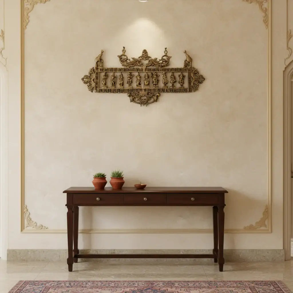 Ornate Brass Dashavatar Wall Hanging - Hindu Deity Procession Decor   Brass Ware