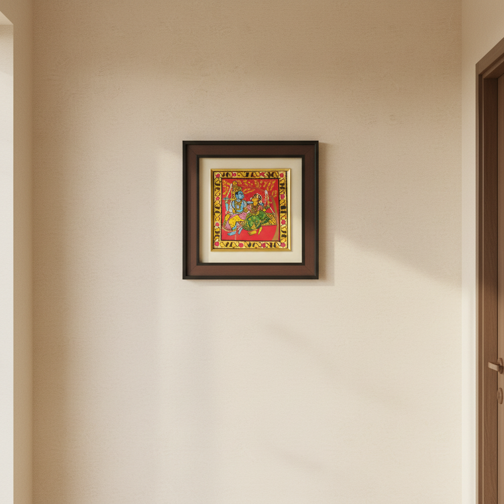Radha Krishna on Swing (Jhoola) - Handcrafted Cheriyal Folk Art Painting   Cheriyala Painting