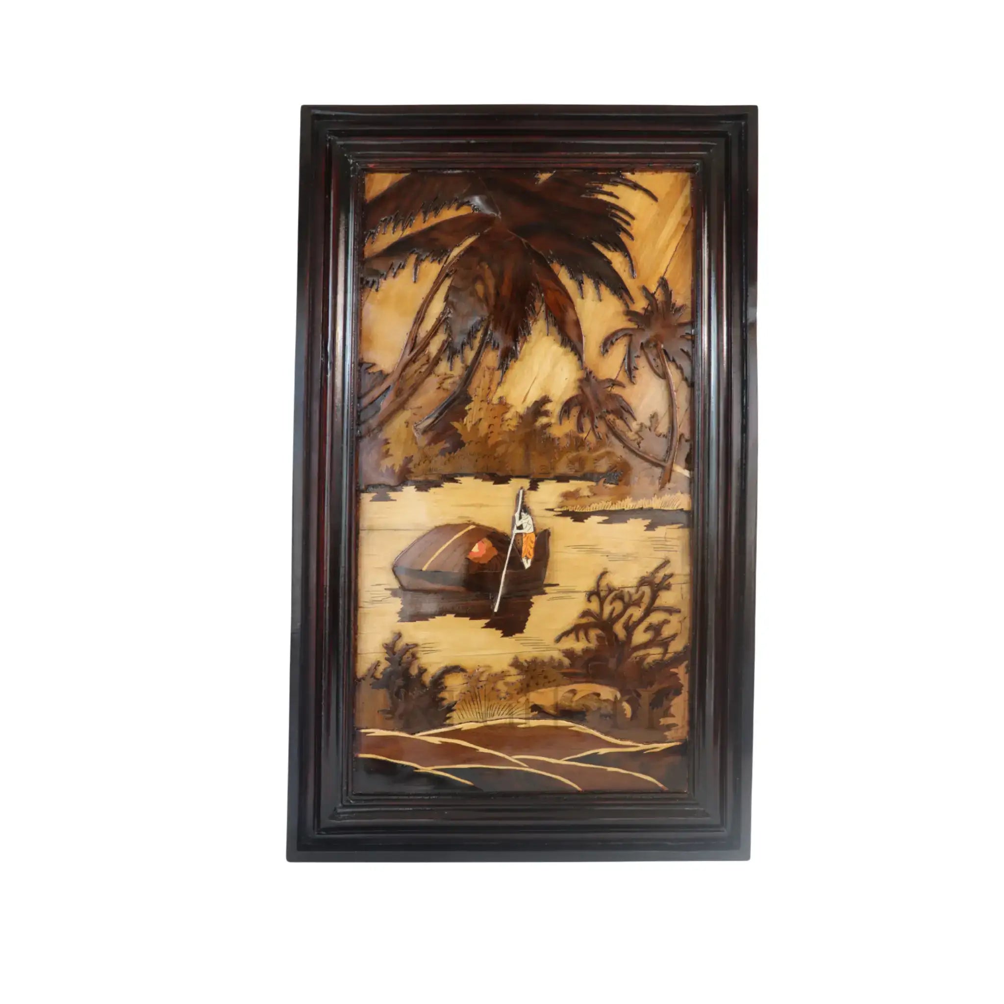 Mysore Rosewood Inlay Panel – Rural River Scene with Boatman and Village   Inlay Art