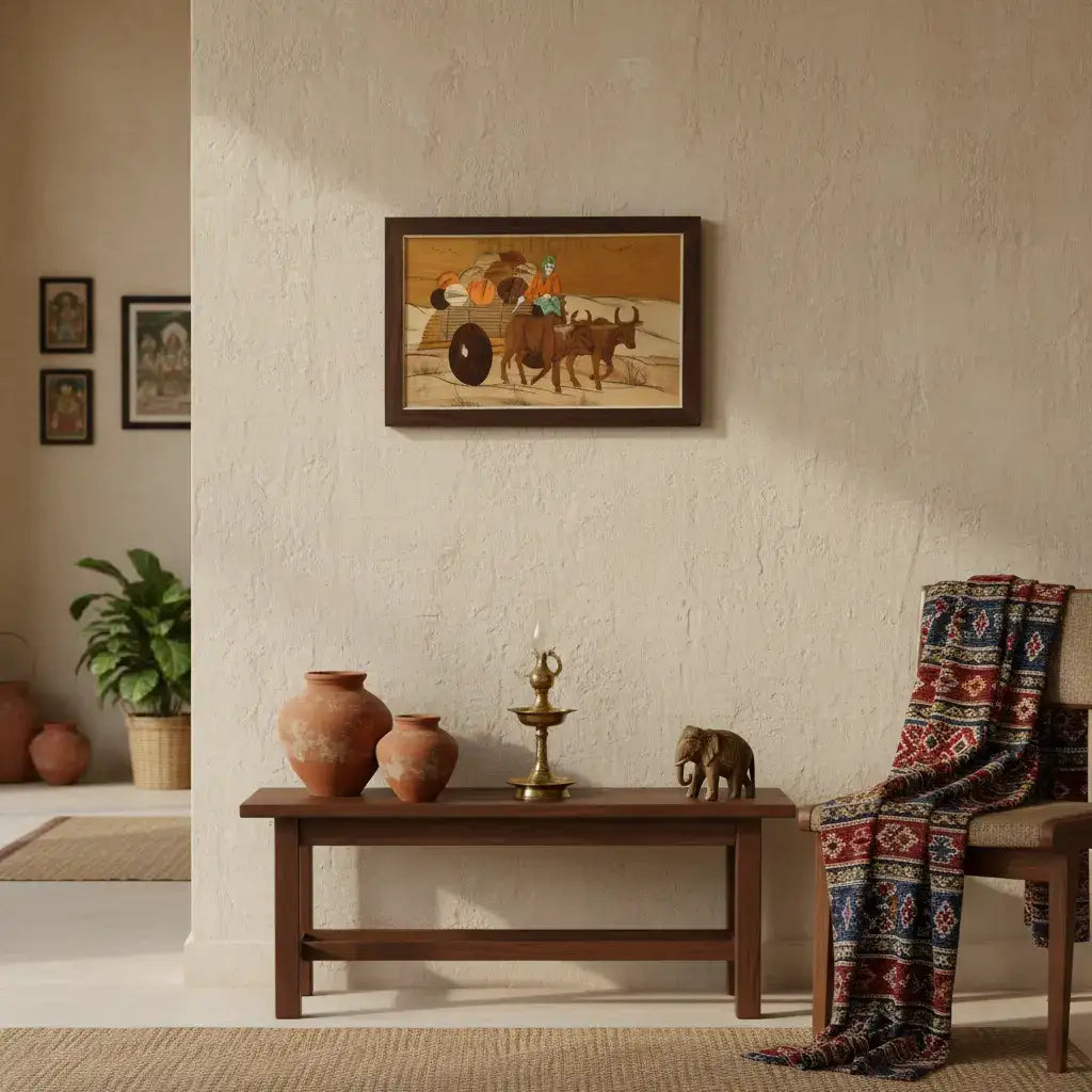 Cultural Bullock Cart Scene in Wood Inlay – Unique Handcrafted Frame Arun