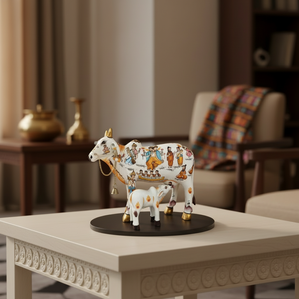 Kamadhenu Resin Cow with Calf | Decorative Spiritual Figurine