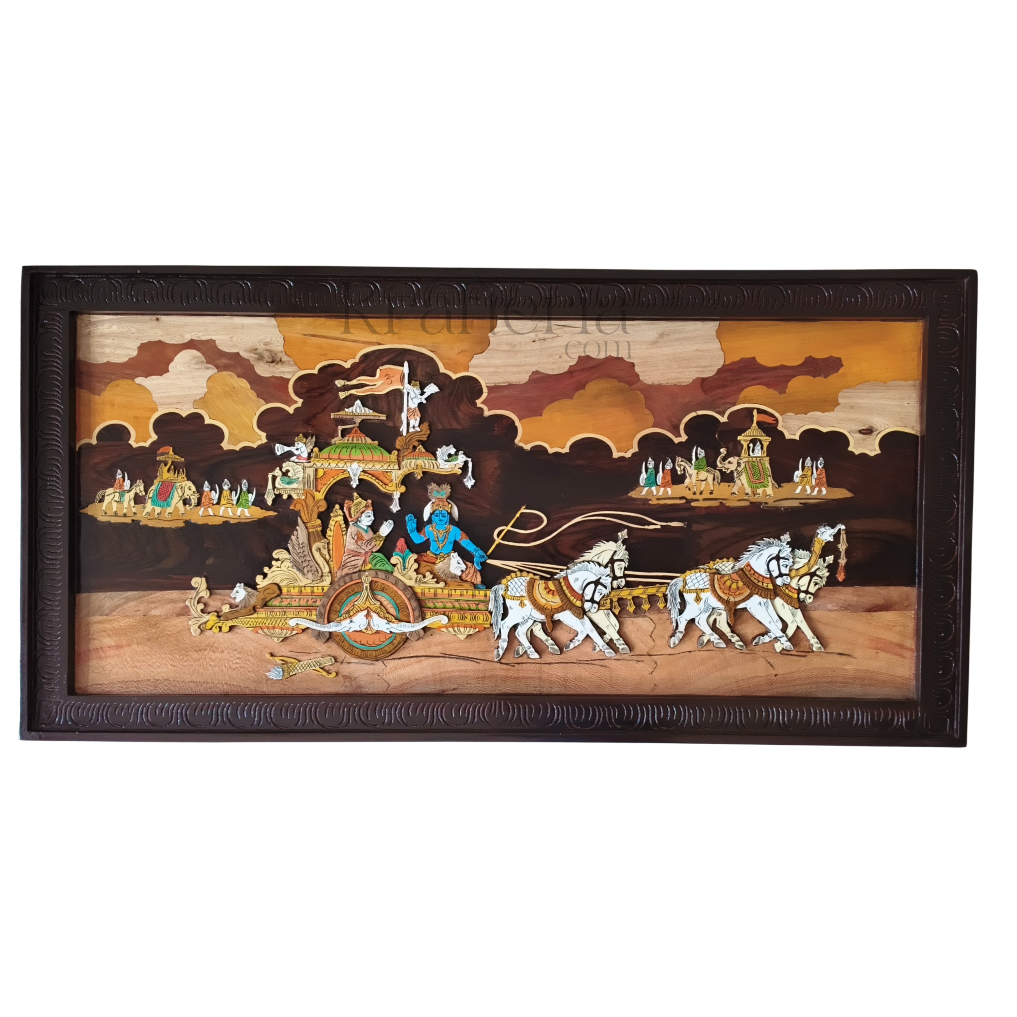 Sacred Wooden Inlay – Mahabharata Kurukshetra Chariot Scene
