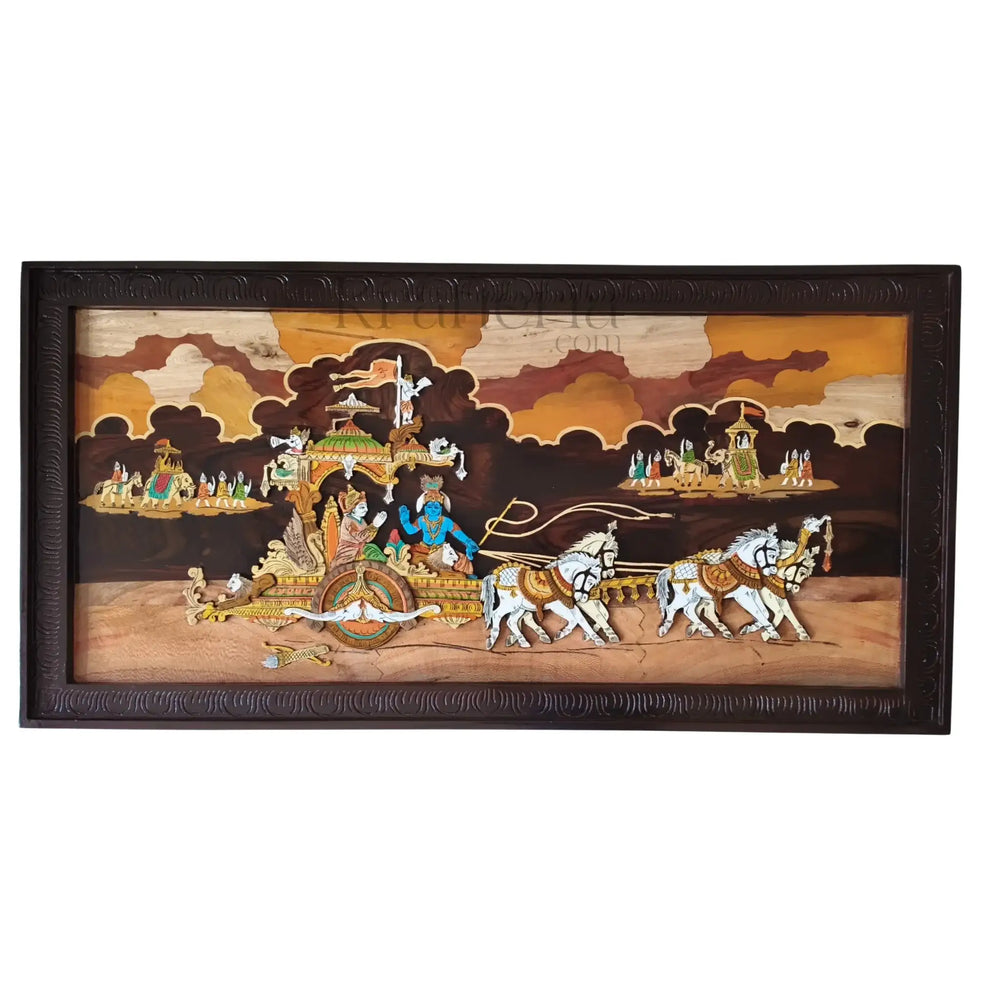 Sacred Wooden Inlay – Mahabharata Kurukshetra Chariot Scene   Inlay Art