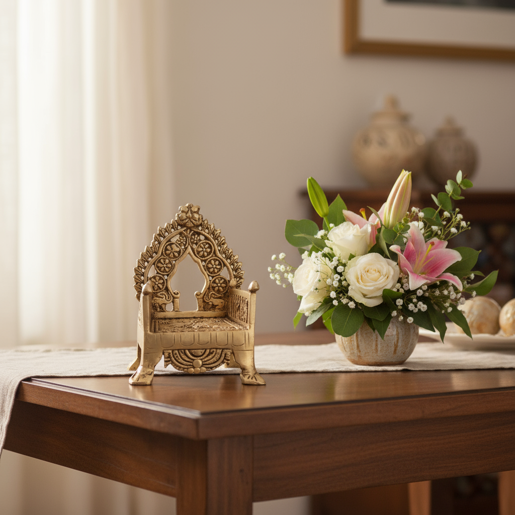Brass Miniature Throne – Handcrafted Traditional Indian Simhasana for Idols