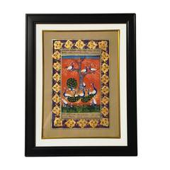 Miniature Paintings Framed artwork with peacocks and decorative elements on a white background