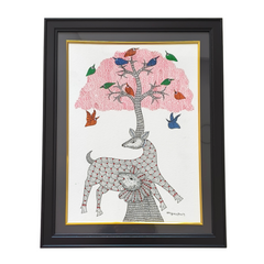 Harmony of Nature – Gond Painting of Deer and Tree of Life