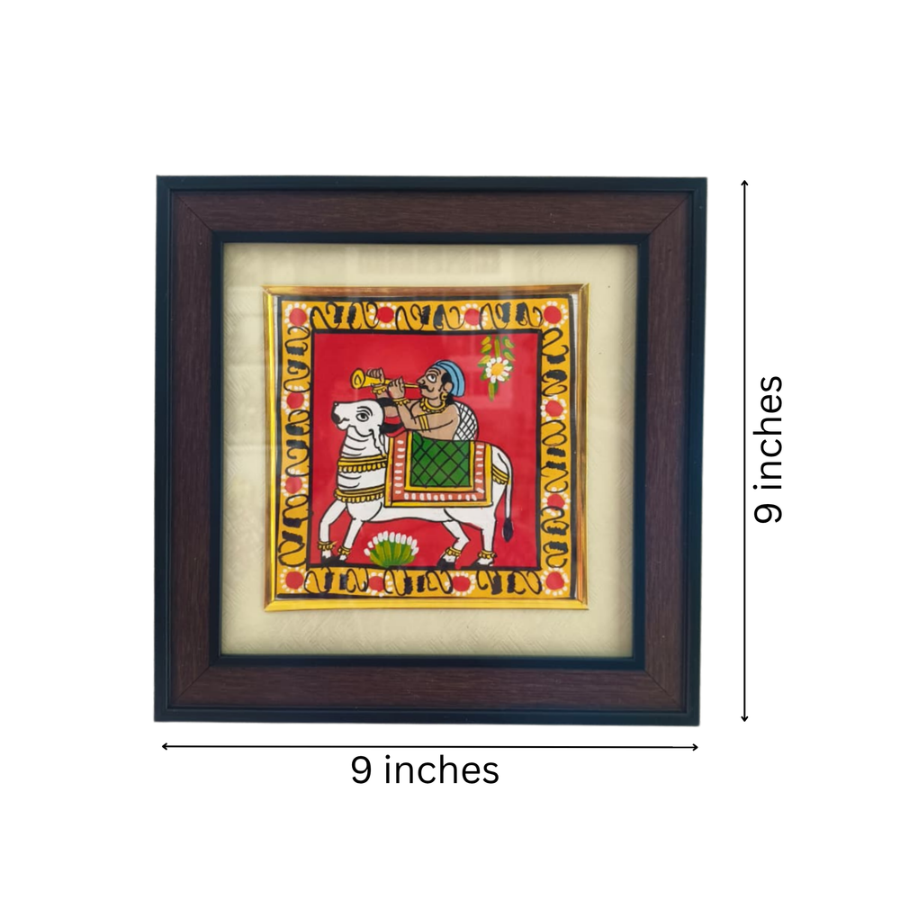 Musician on White Bull (Basava) - Traditional Cheriyal Folk Painting   Cheriyala Painting