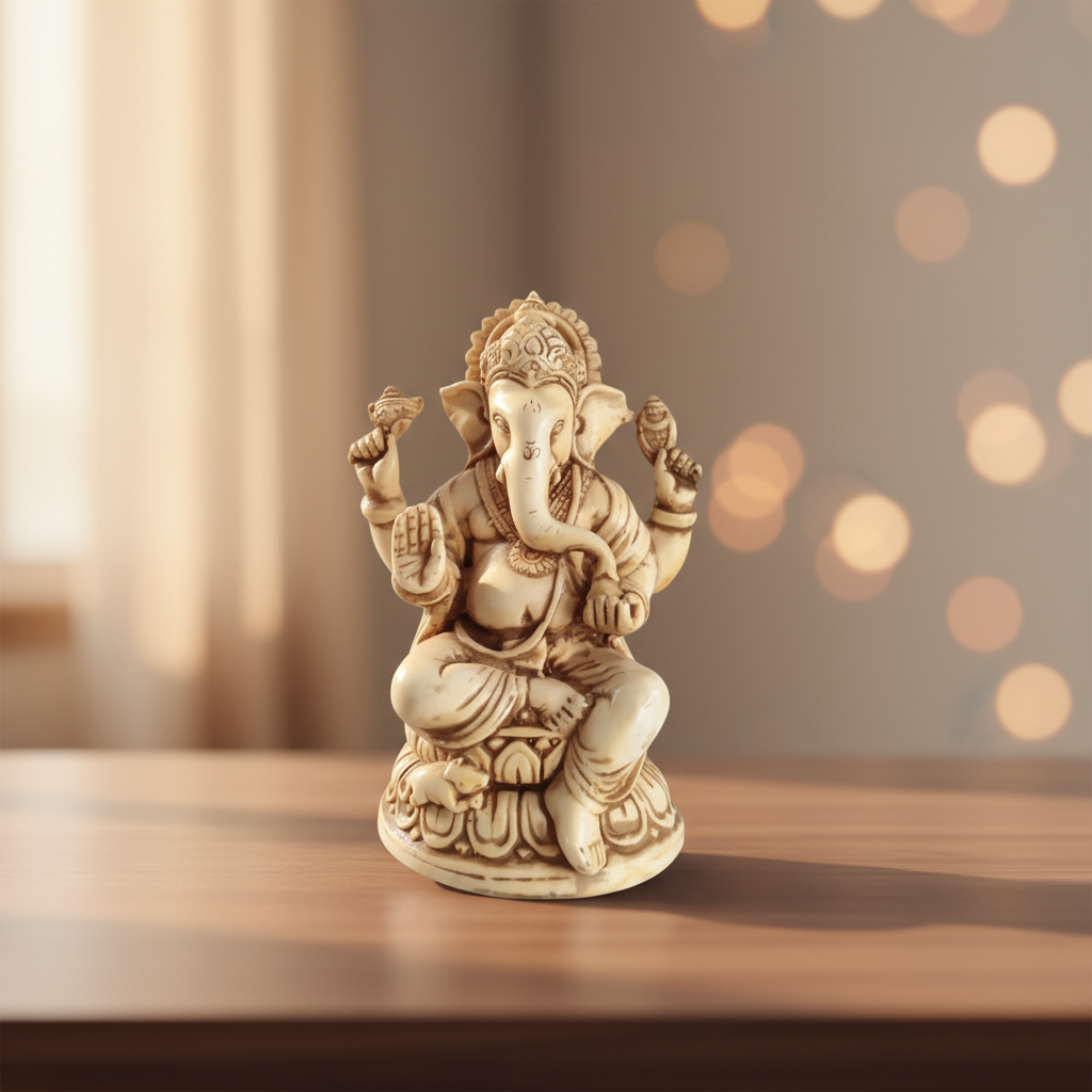 A light-colored resin statue of Lord Ganesha seated on a detailed lotus flower pedestal, with intricate carvings on his crown, jewelry, and robes, and holding symbols in his four arms.