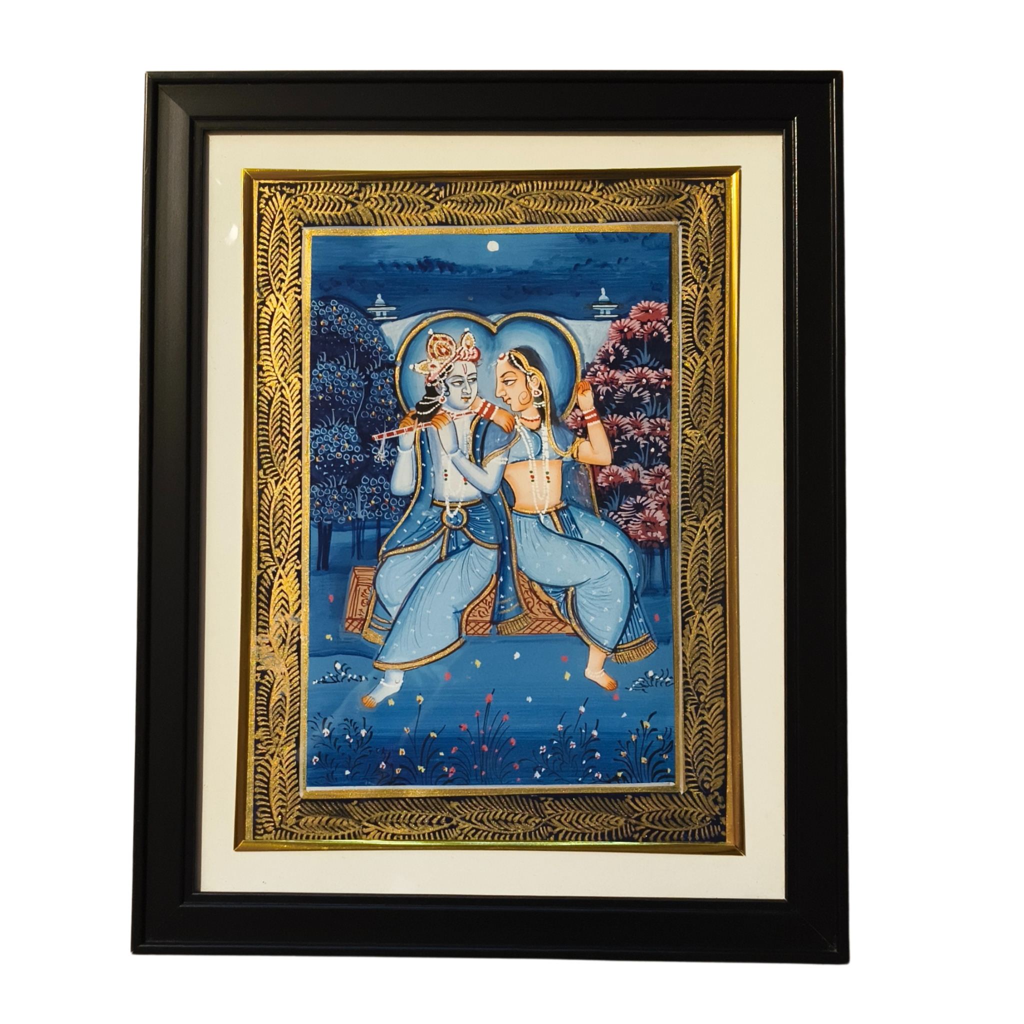 Divine Union of Radha and Krishna – A Rajasthani Miniature