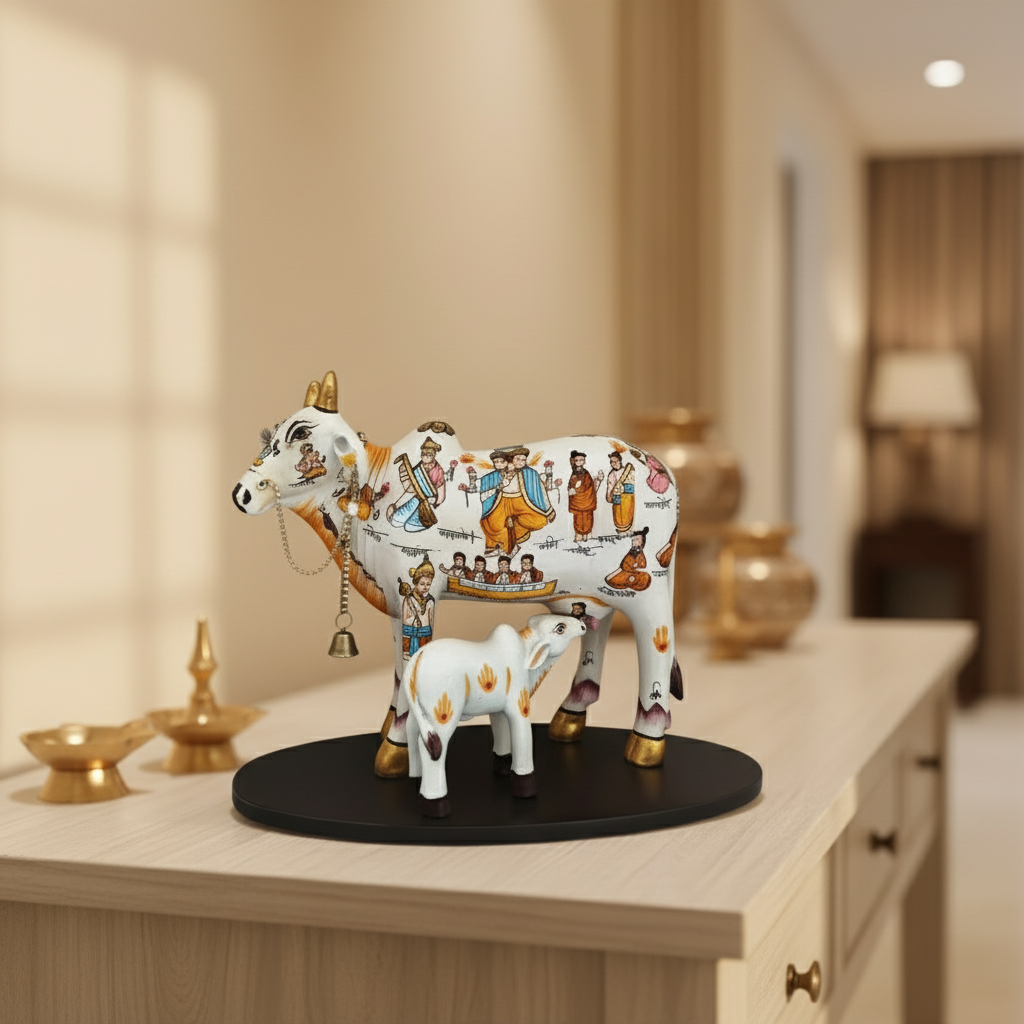 Kamadhenu Resin Cow with Calf | Decorative Spiritual Figurine
