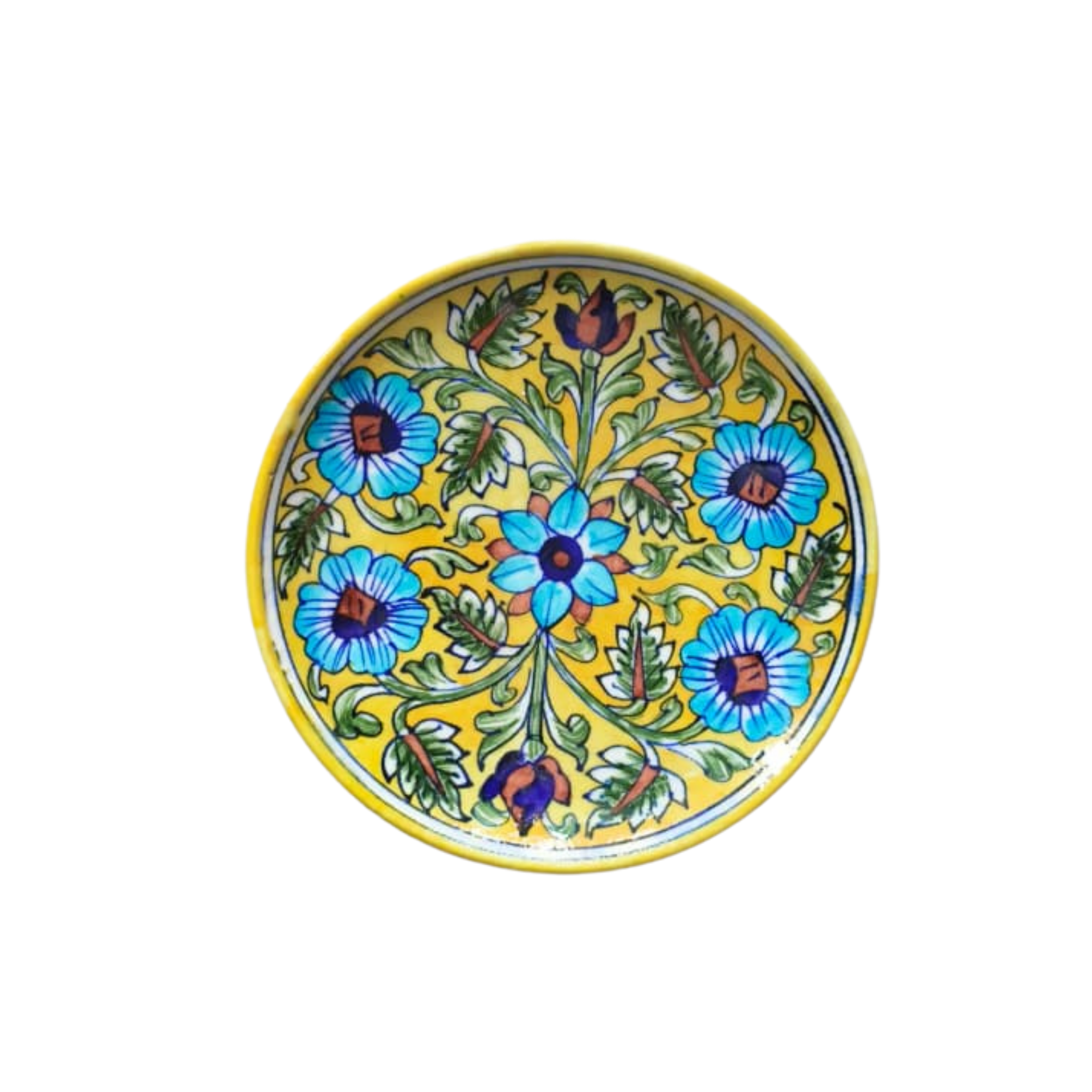 Handcrafted Blue Pottery Wall Plate –  Quartz Artwork | Floral Yellow Wall Décor