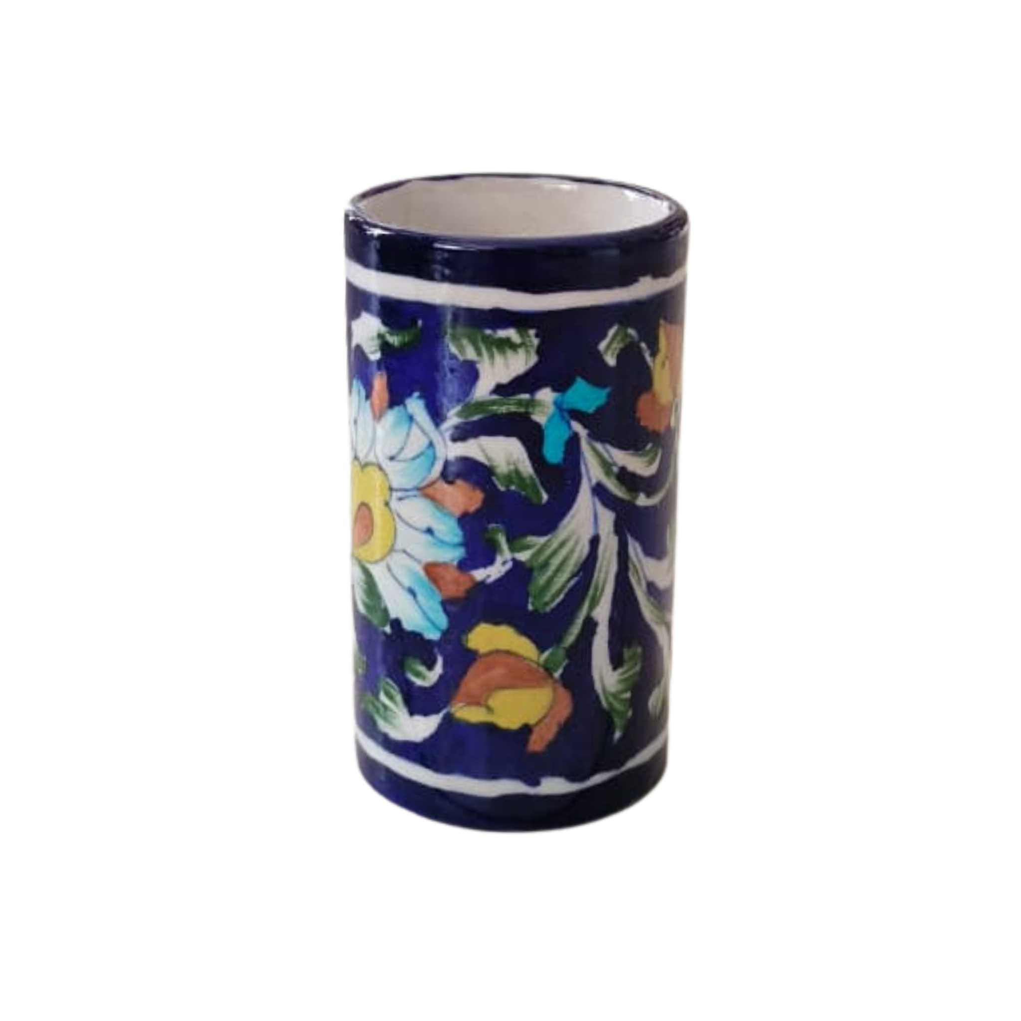 Artisanal Blue Pottery Pen Holder | Floral Desk Organizer