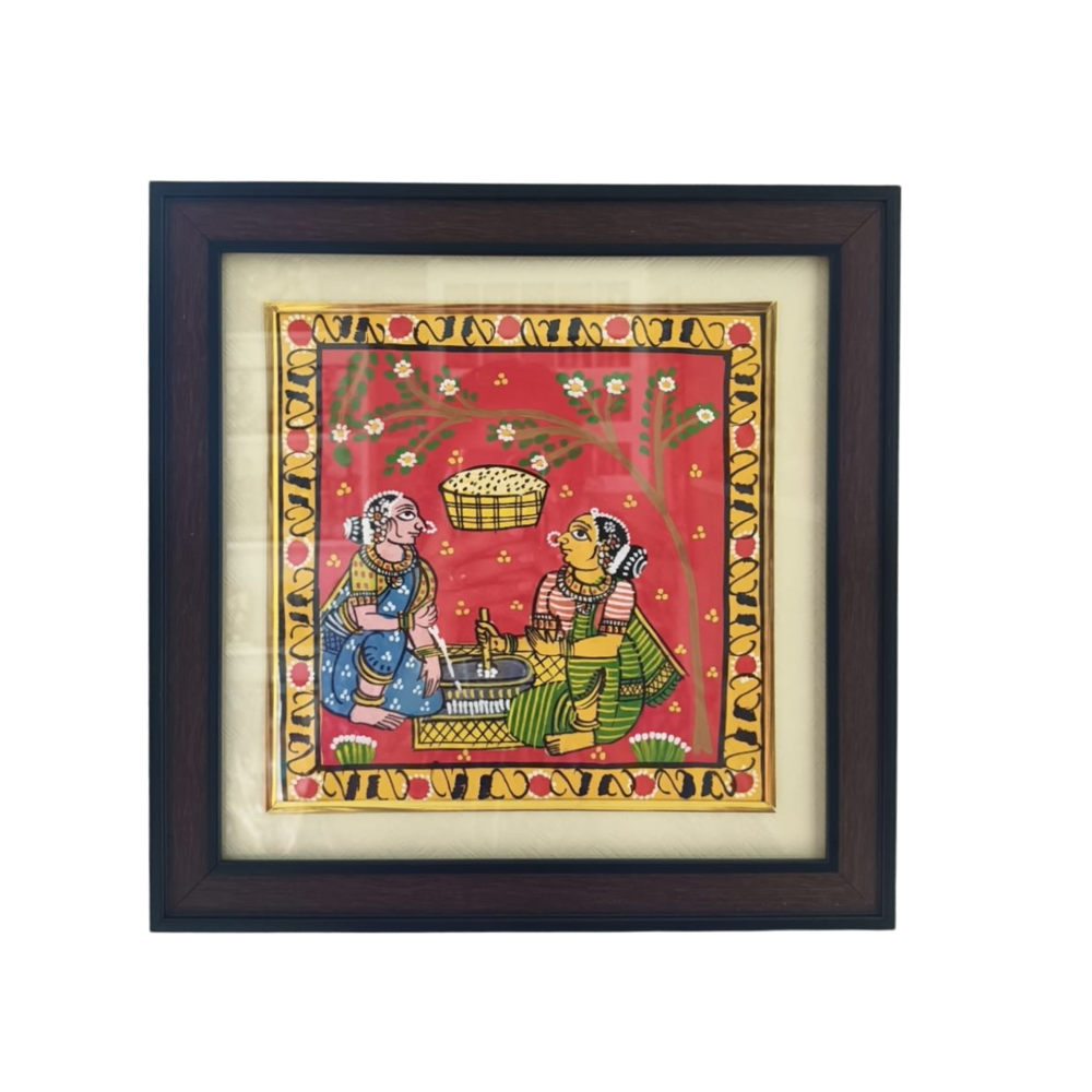 Traditional Grinding Stone Village Artwork - Framed Cheriyal Painting   Cheriyala Painting