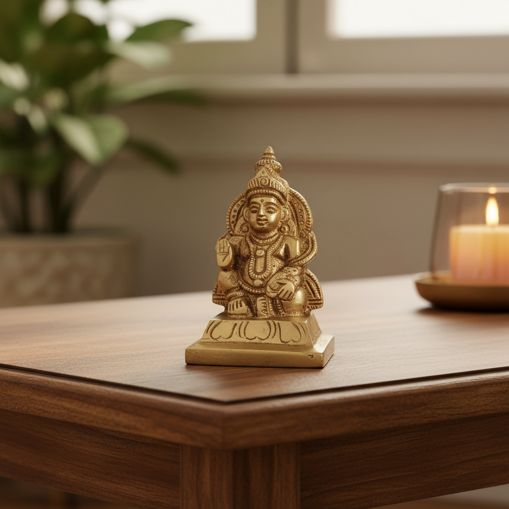 A small, golden brass idol of the Hindu deity Lord Kuber (Kubera), the God of Wealth, seated with one hand raised in blessing, on a small base.