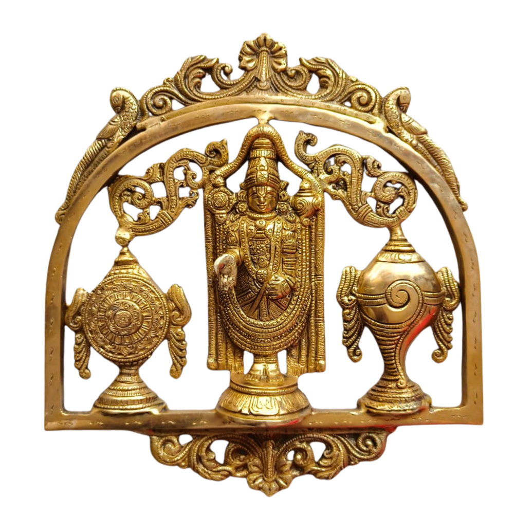 Lord Venkateswara Brass Wall Hanging with Shankh & Chakra - Balaji Prabhavali Wall Art   Brass Artwork
