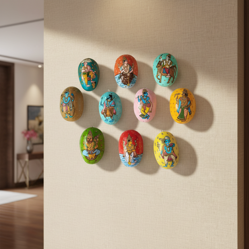 Hand-Painted Cheriyal Art Dashavataram Mask Set –  Vishnu Avatars Wall Decor   wall decor