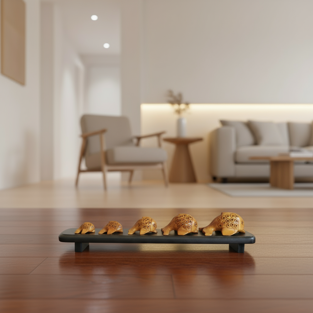 Graduated set of five hand-carved wooden fish figures displayed on wooden stand with natural finish