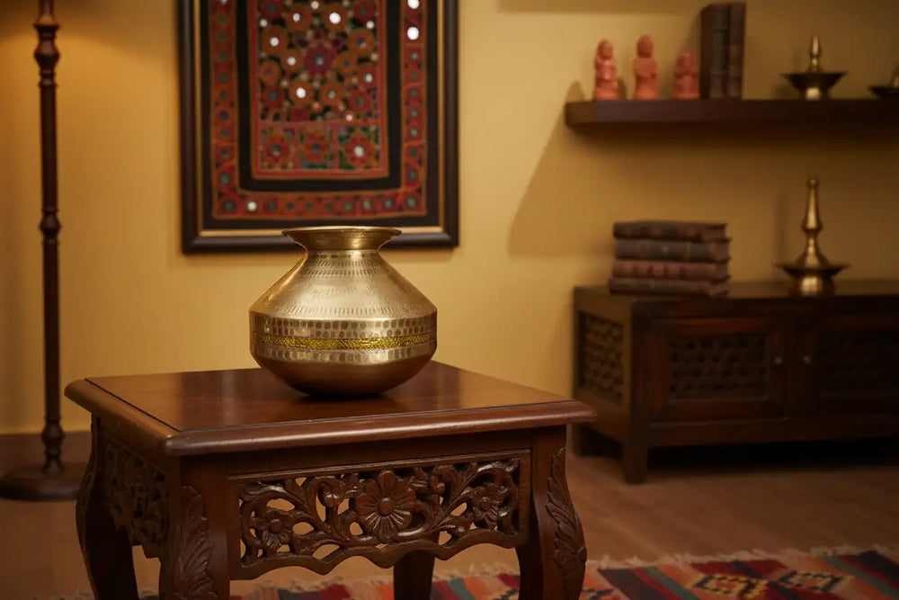 Ethnic brass kalash with wide rim and textured surface