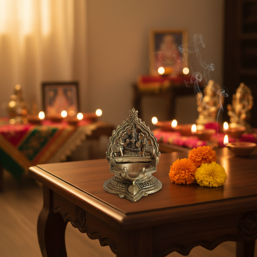 Brass Gaja Lakshmi Diya (Oil Lamp with Elephants)