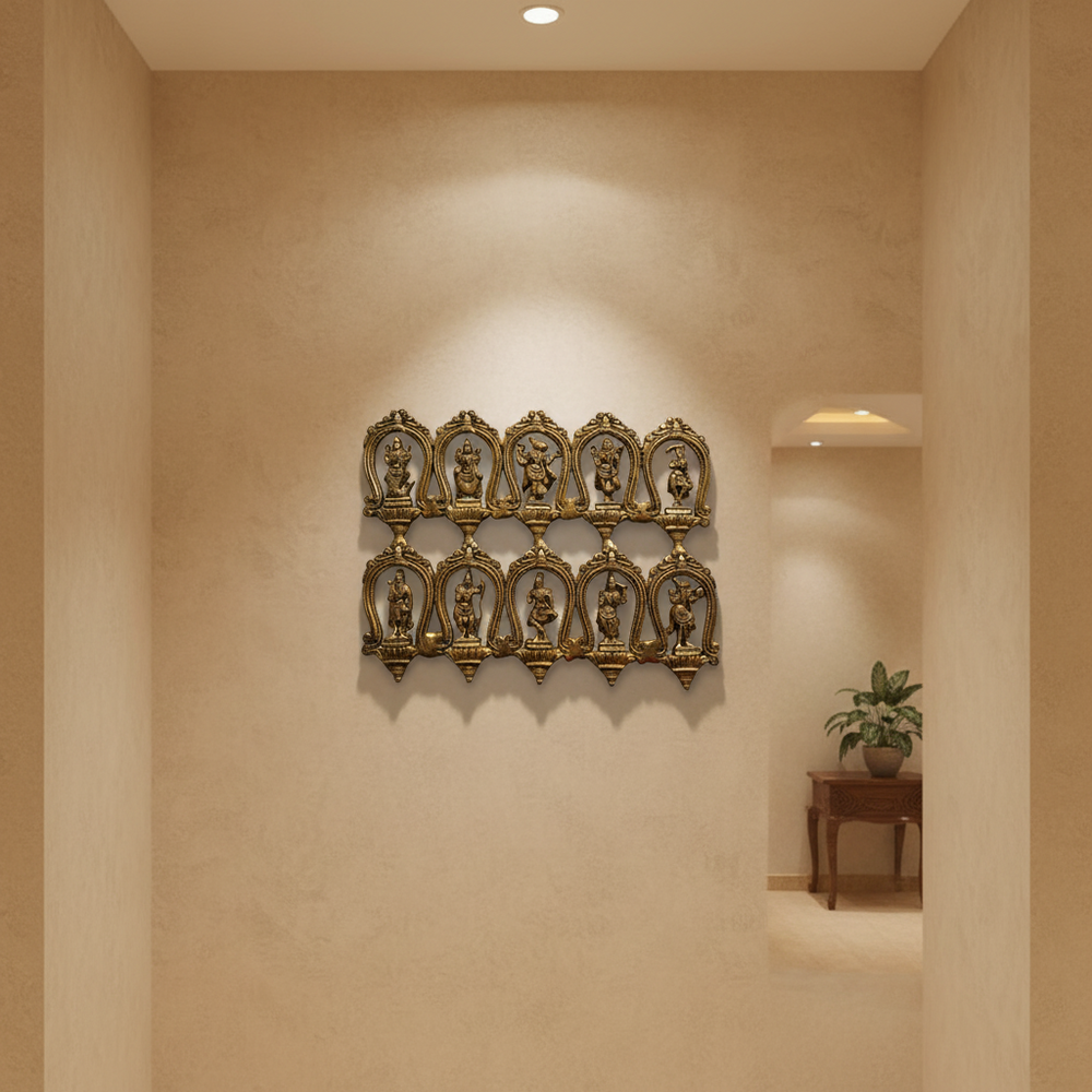 Dashavatara Brass Wall Panel - Rectangular 10 Avatars of Lord Vishnu Wall Hanging   Brass Artwork