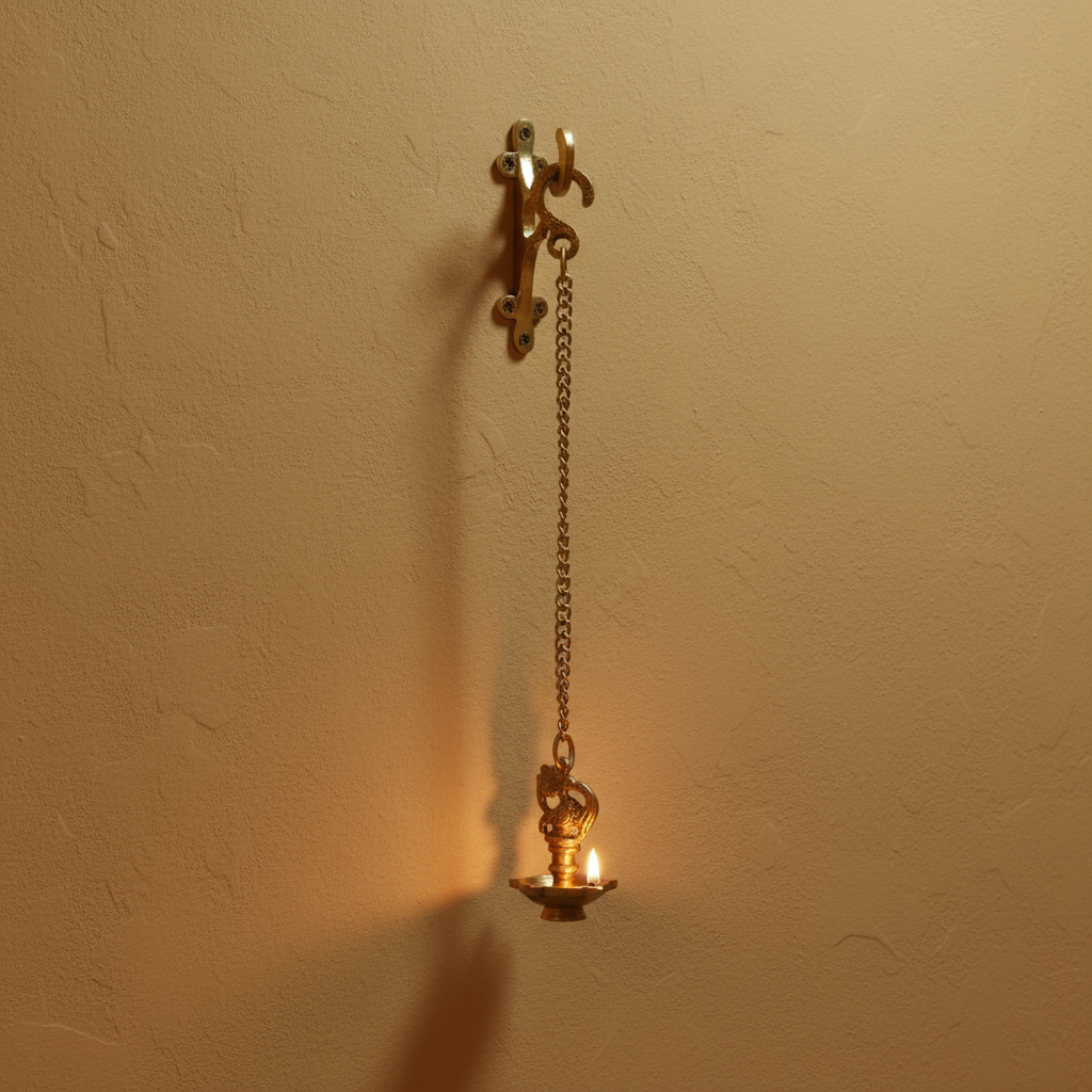 Traditional Brass Hanging Oil Lamp (Diya) with Peacock and Bell