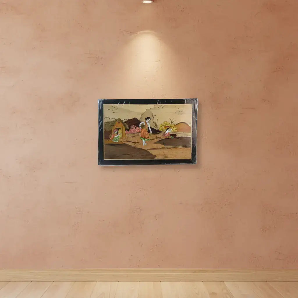 Village Life Scene in Wooden Inlay – Lady Washing Cloth Handmade Art Arun