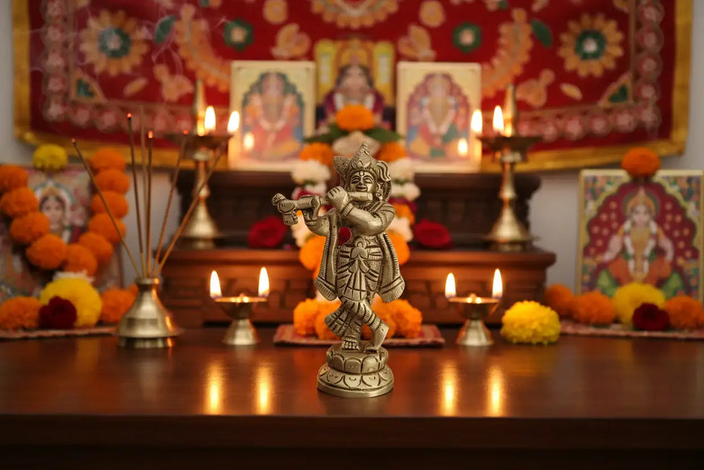 Golden Brass Lord Krishna Idol Flute Player (Krishna Murti)   Brass Ware