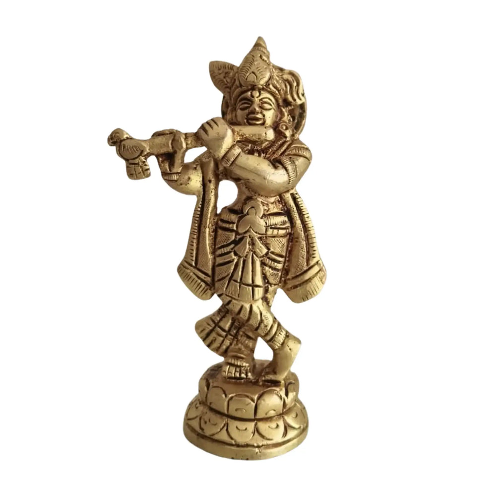 Golden Brass Lord Krishna Idol Flute Player (Krishna Murti)   Brass Ware