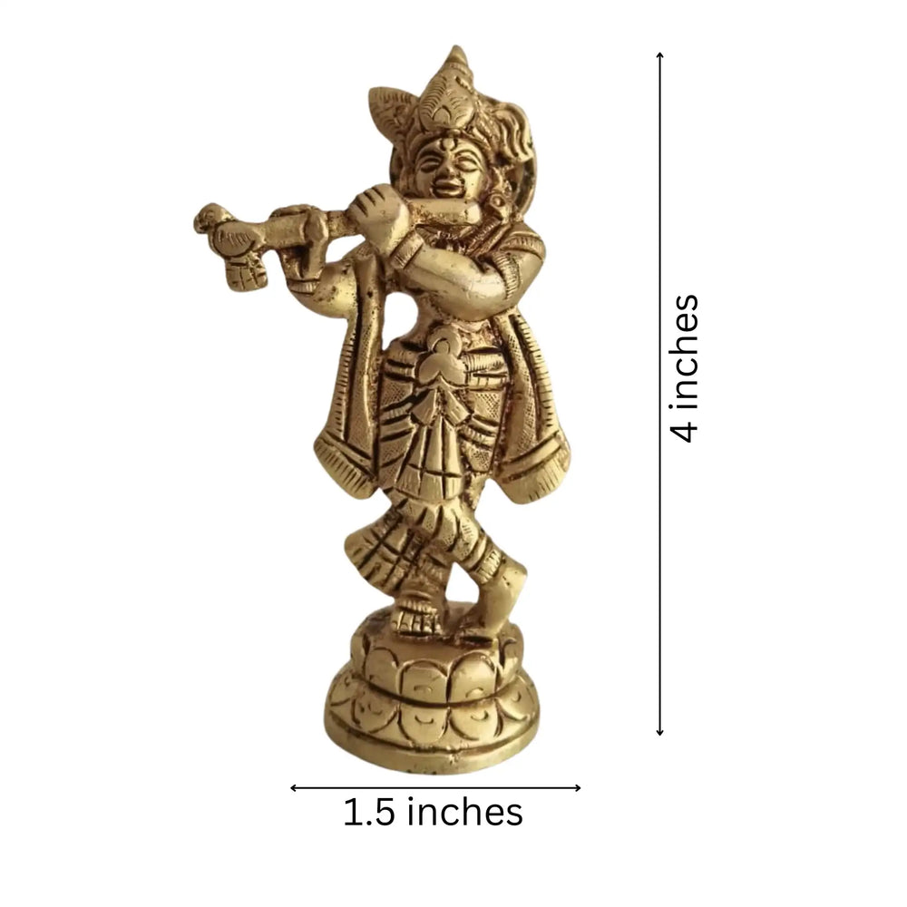 Golden Brass Lord Krishna Idol Flute Player (Krishna Murti)   Brass Ware