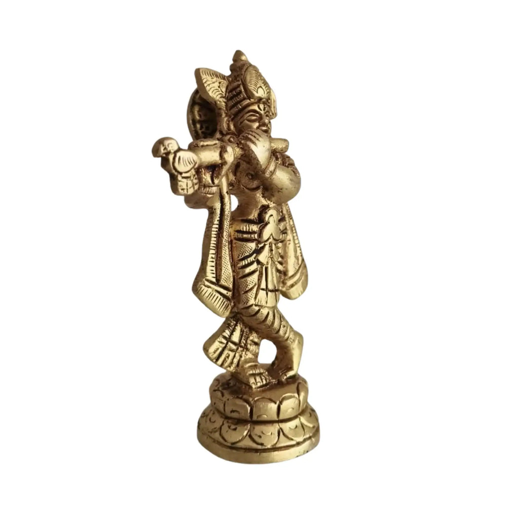 Golden Brass Lord Krishna Idol Flute Player (Krishna Murti)   Brass Ware
