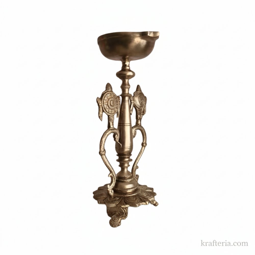 Sacred Brass Vishnu Shankh Chakra Pedestal Lamp | Traditional Divine Altar Diya   Brass Artwork