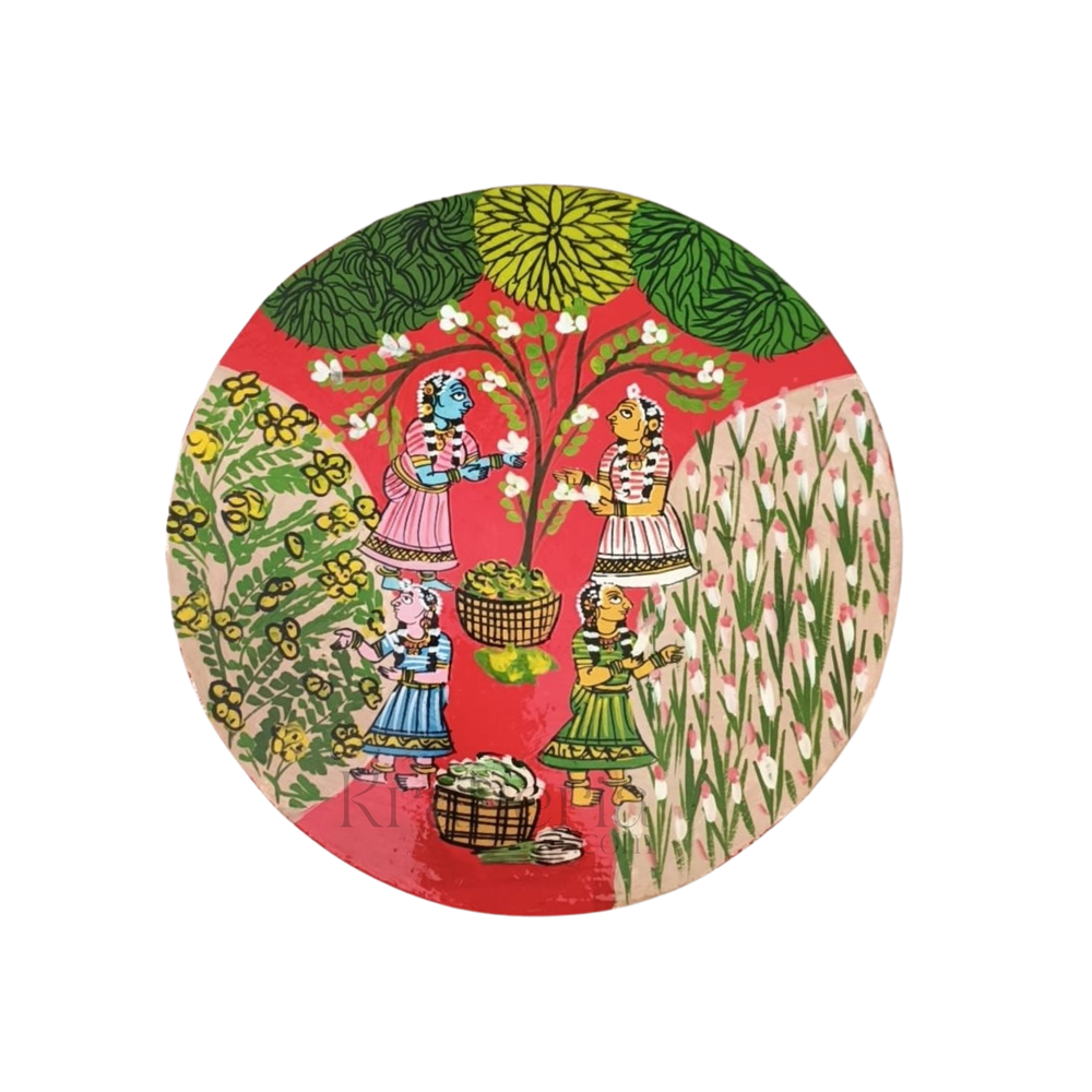 Cheriyal Flower Gathering Scene – Hand-Painted Round Wall Decor   wall decor