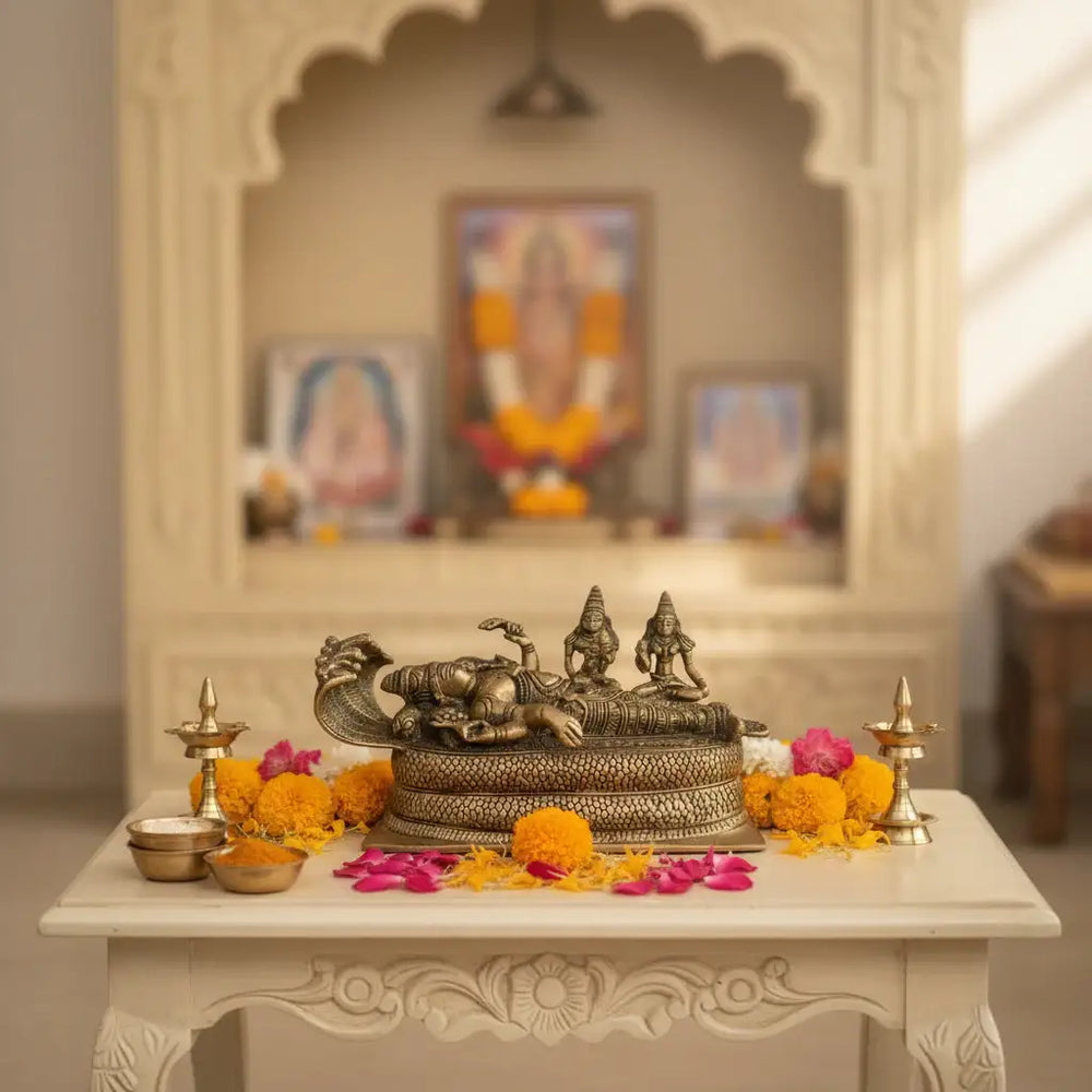 Brass Vishnu Ananta Shesha Statue – Lord Vishnu Resting with Goddess Lakshmi & Bhudevi   Brass Ware