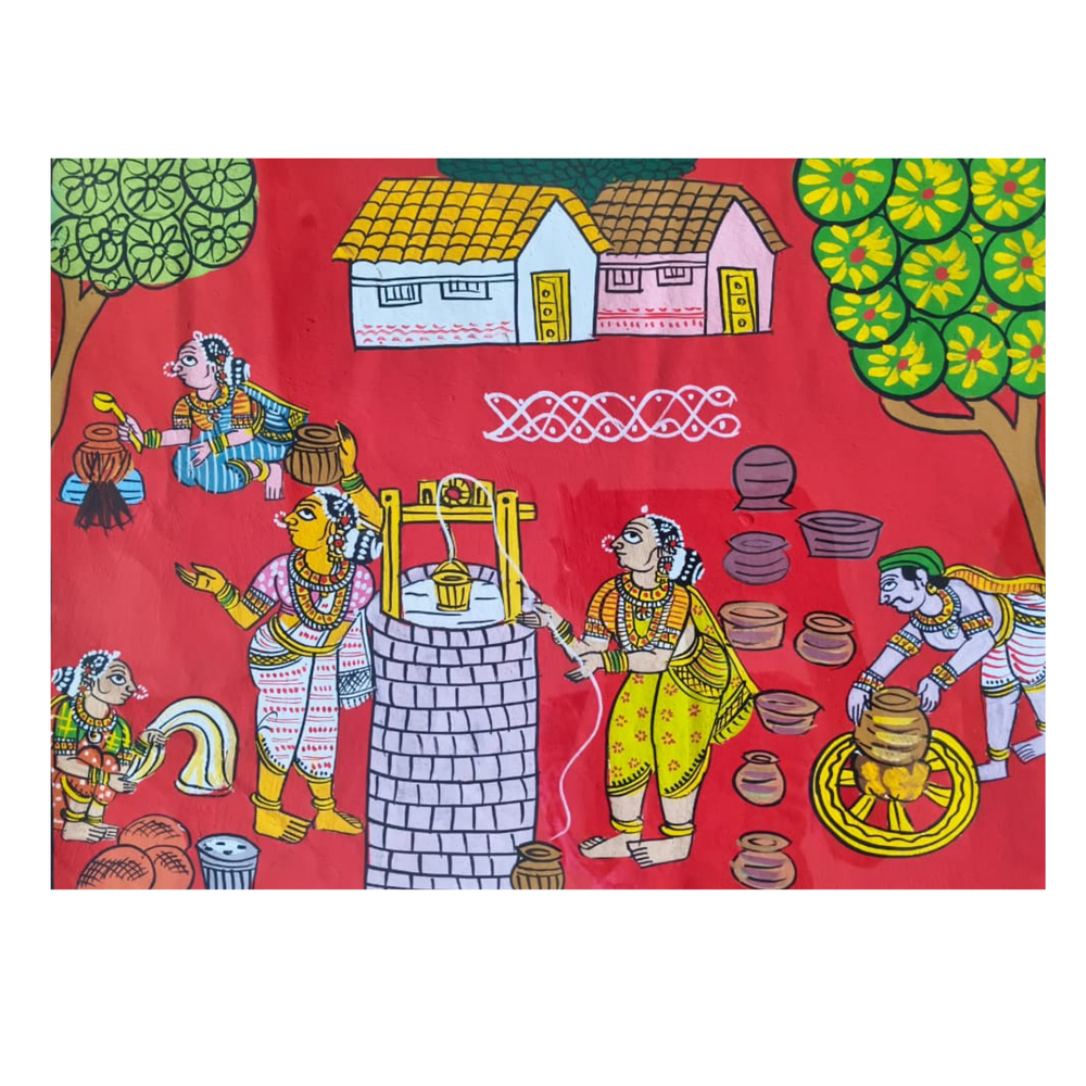 Hand-Painted Village Well & Daily Life Cheriyal Painting   Cheriyala Painting