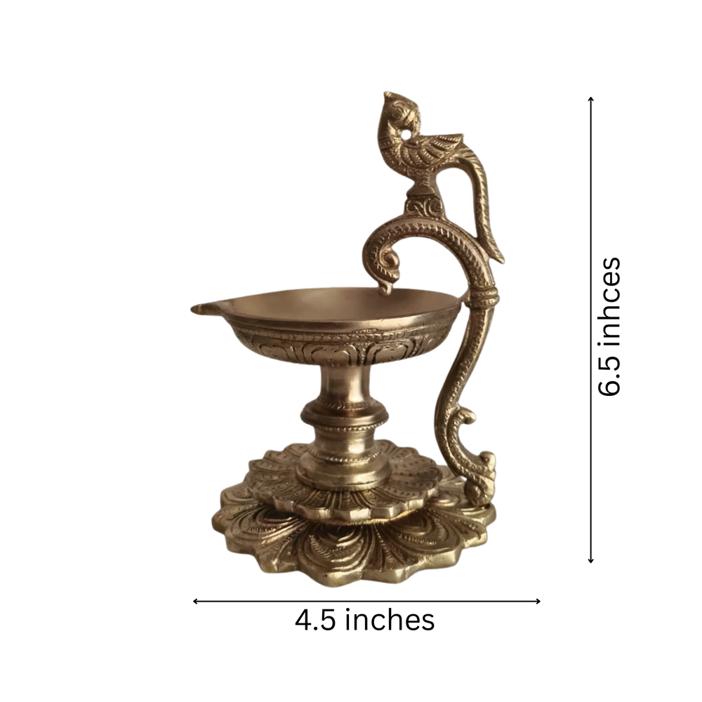 Handcrafted Brass Peacock Pedestal Diya – Traditional Tabletop Oil Lamp with Lotus Base   Brass Artwork