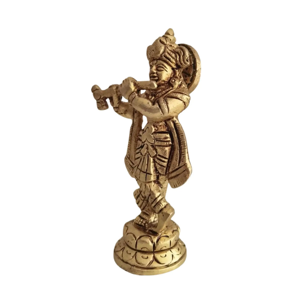 Golden Brass Lord Krishna Idol Flute Player (Krishna Murti)   Brass Ware