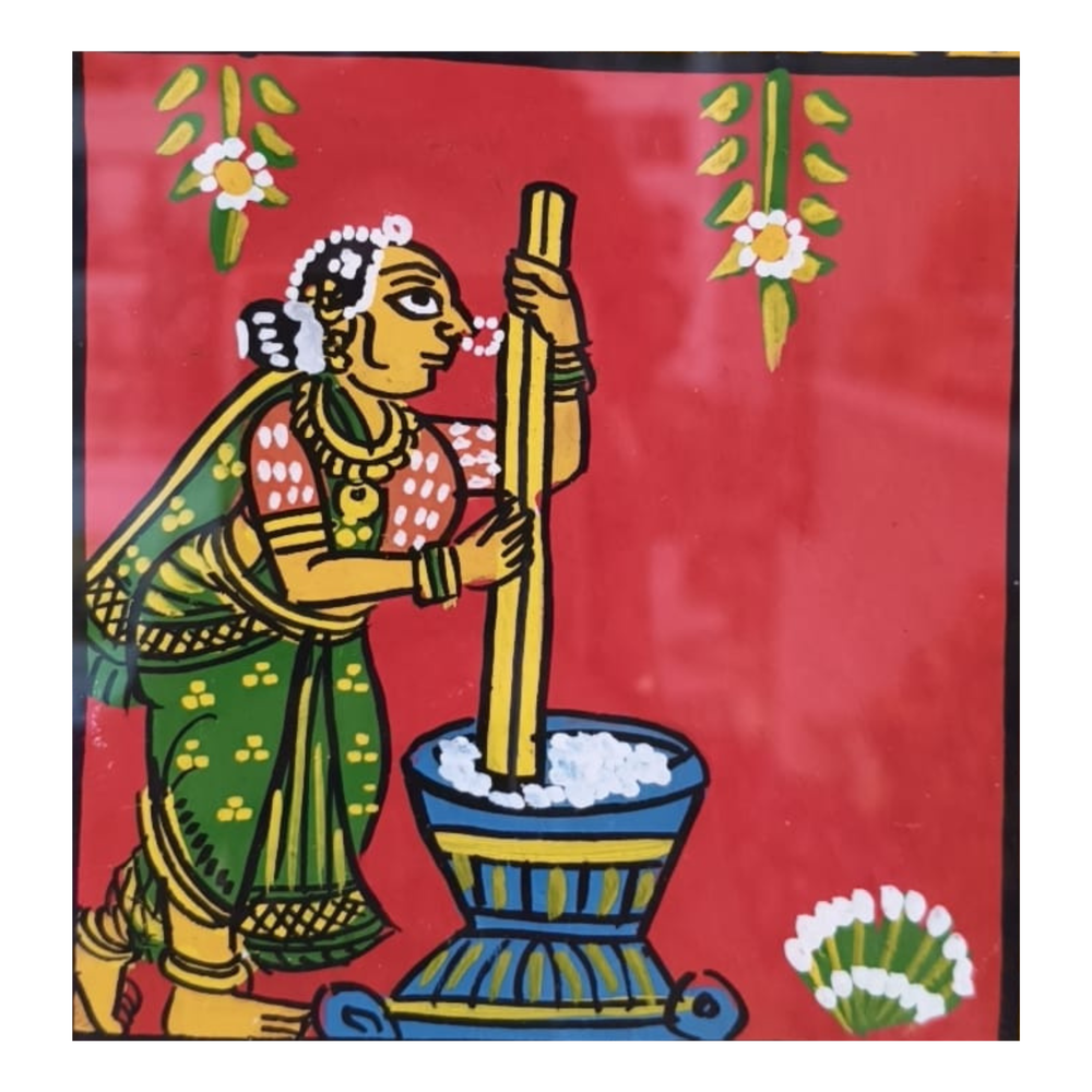 Woman Pounding Grain Traditional Village Life - Cheriyal Folk Art Painting   Cheriyala Painting