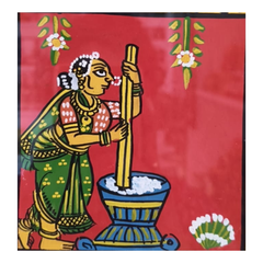 Woman Pounding Grain Traditional Village Life - Cheriyal Folk Art Painting   Cheriyala Painting