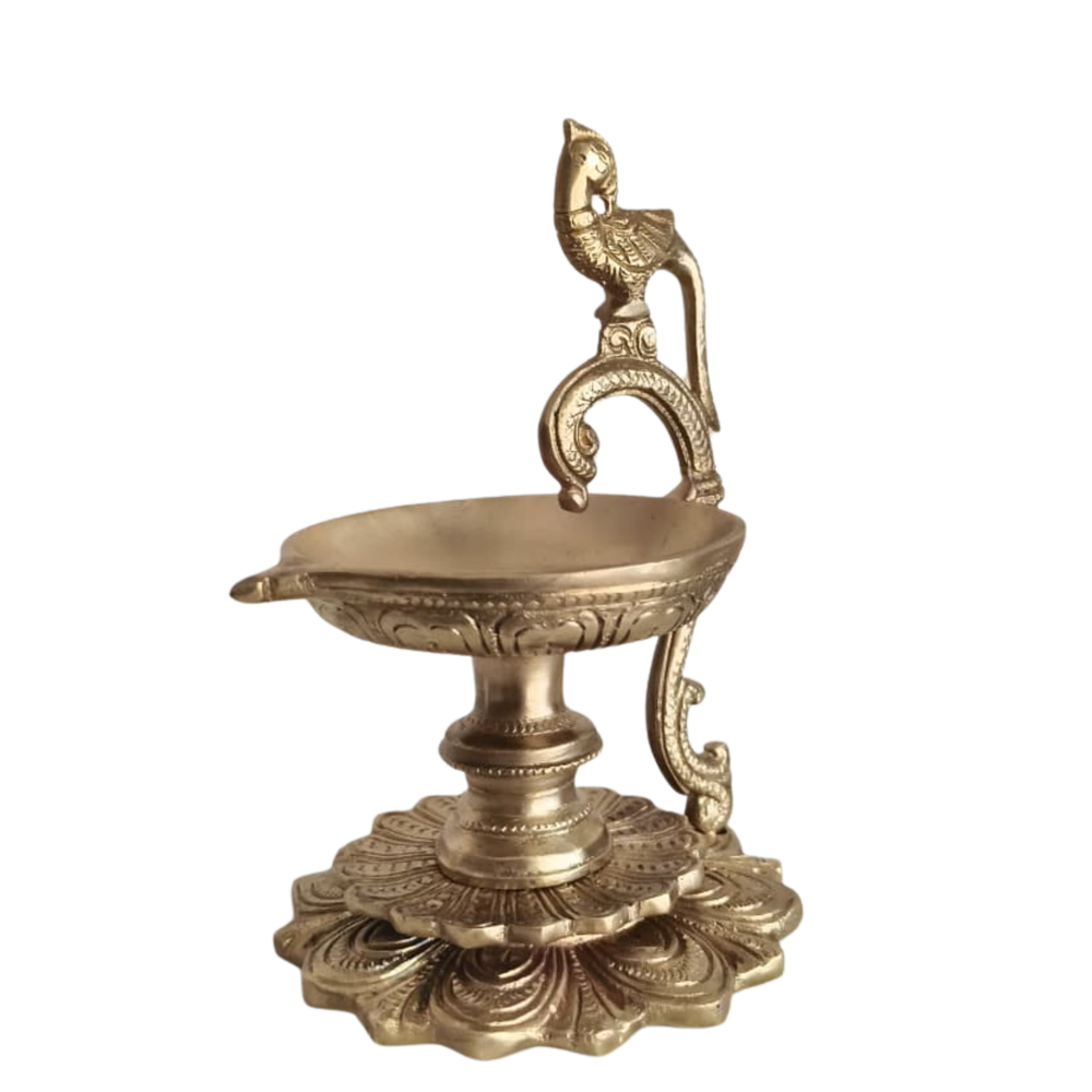 Handcrafted Brass Peacock Pedestal Diya – Traditional Tabletop Oil Lamp with Lotus Base   Brass Artwork