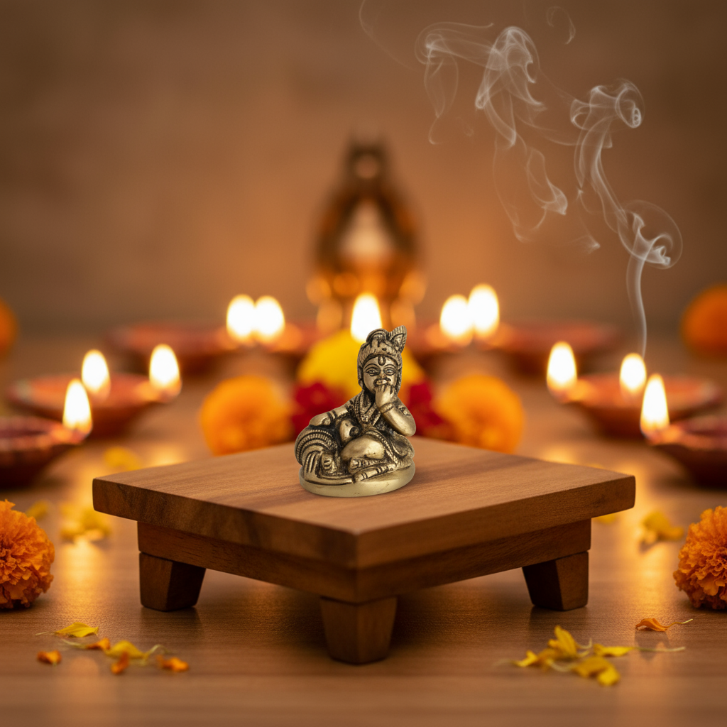 Brass Idol of Bal Krishna (Baby Krishna) with Butter Ball