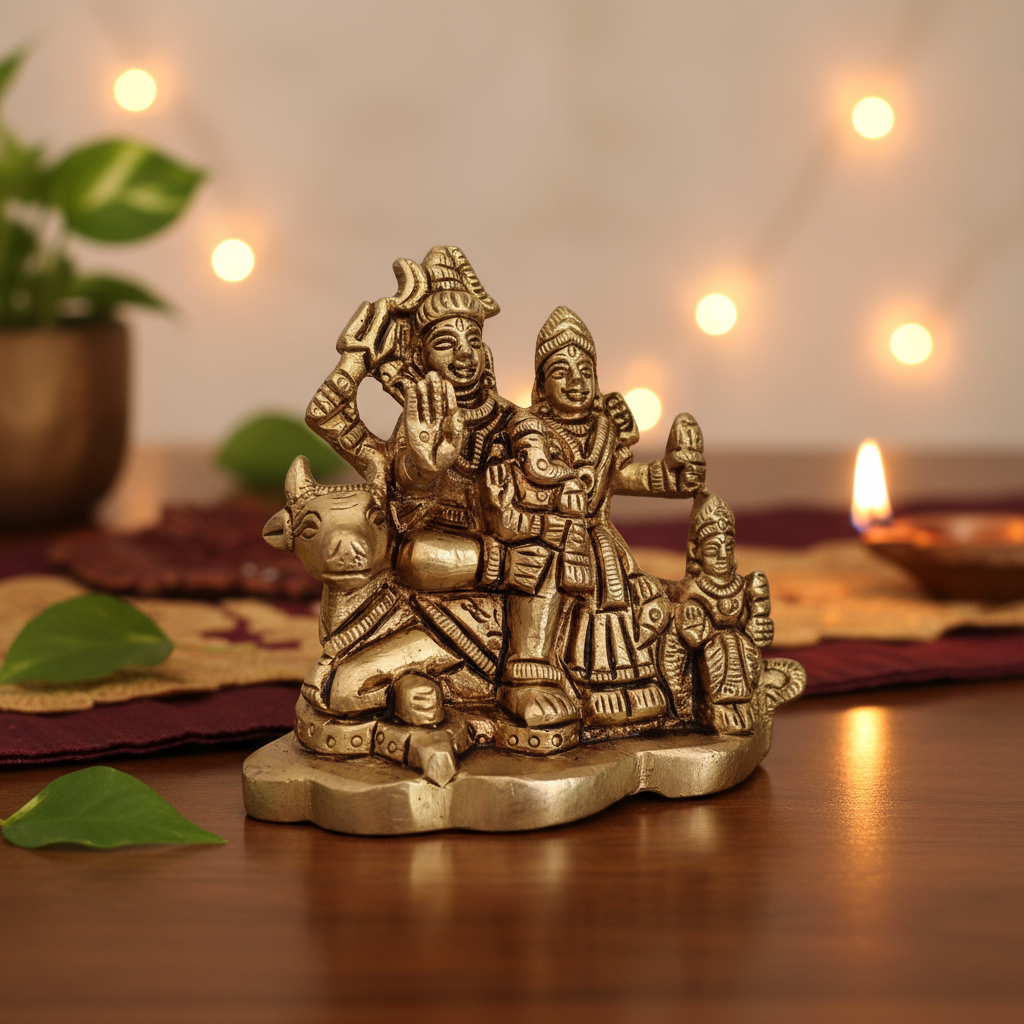 Brass Shiva Parivar Idol on Nandi – Divine Family for Harmony and Protection