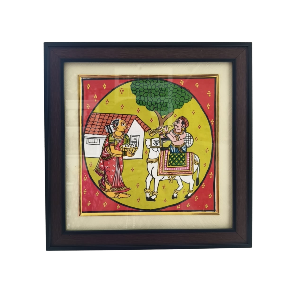 Village Woman Offering Food Scene - Cheriyal Folk Painting   Cheriyala Painting
