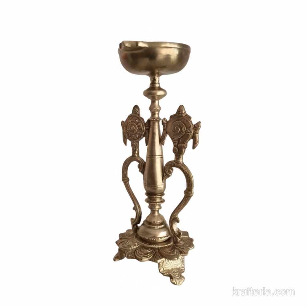 Sacred Brass Vishnu Shankh Chakra Pedestal Lamp | Traditional Divine Altar Diya   Brass Artwork