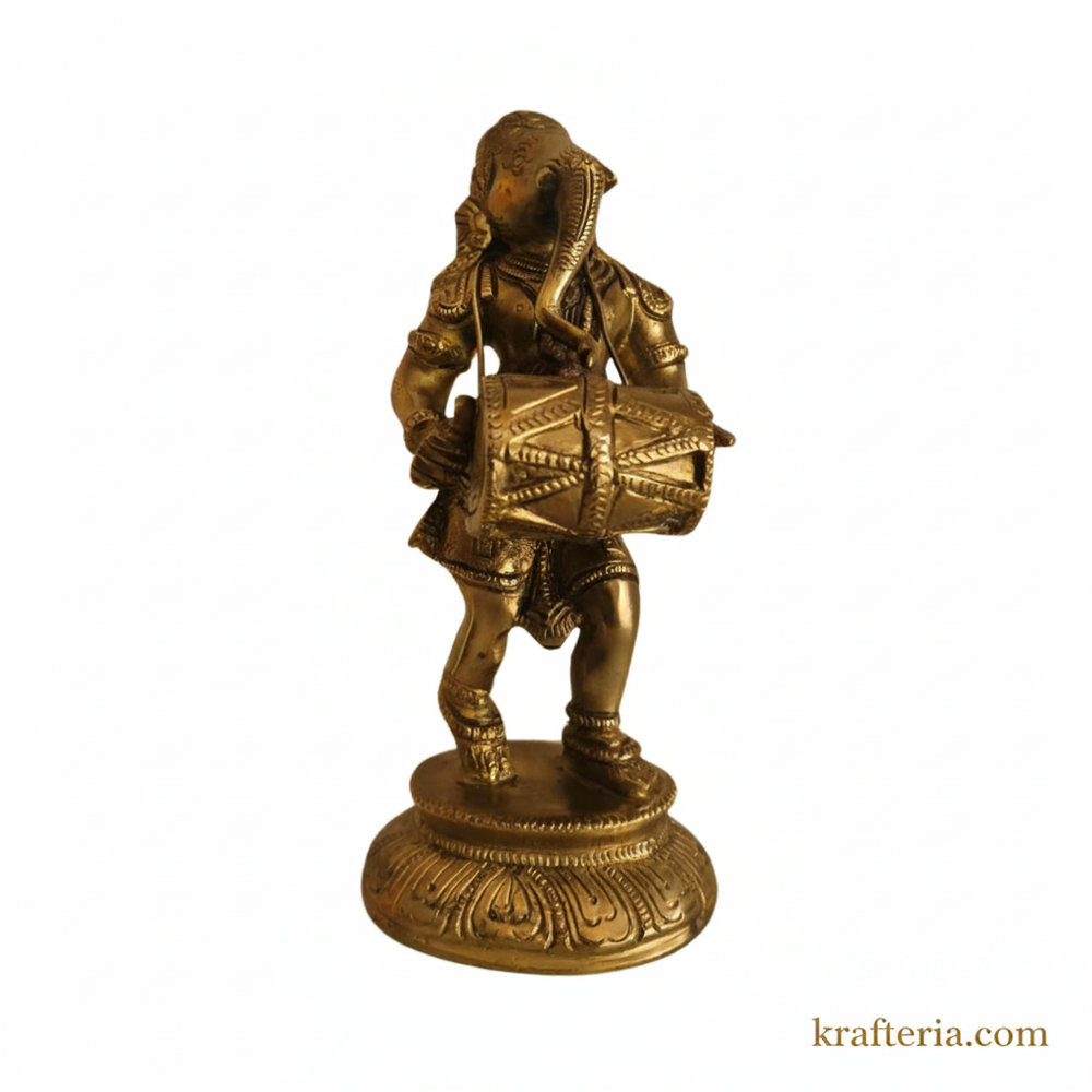Lord Ganesha Playing Dholak Altar Statue for Home Temple & Decor   Brass Artwork