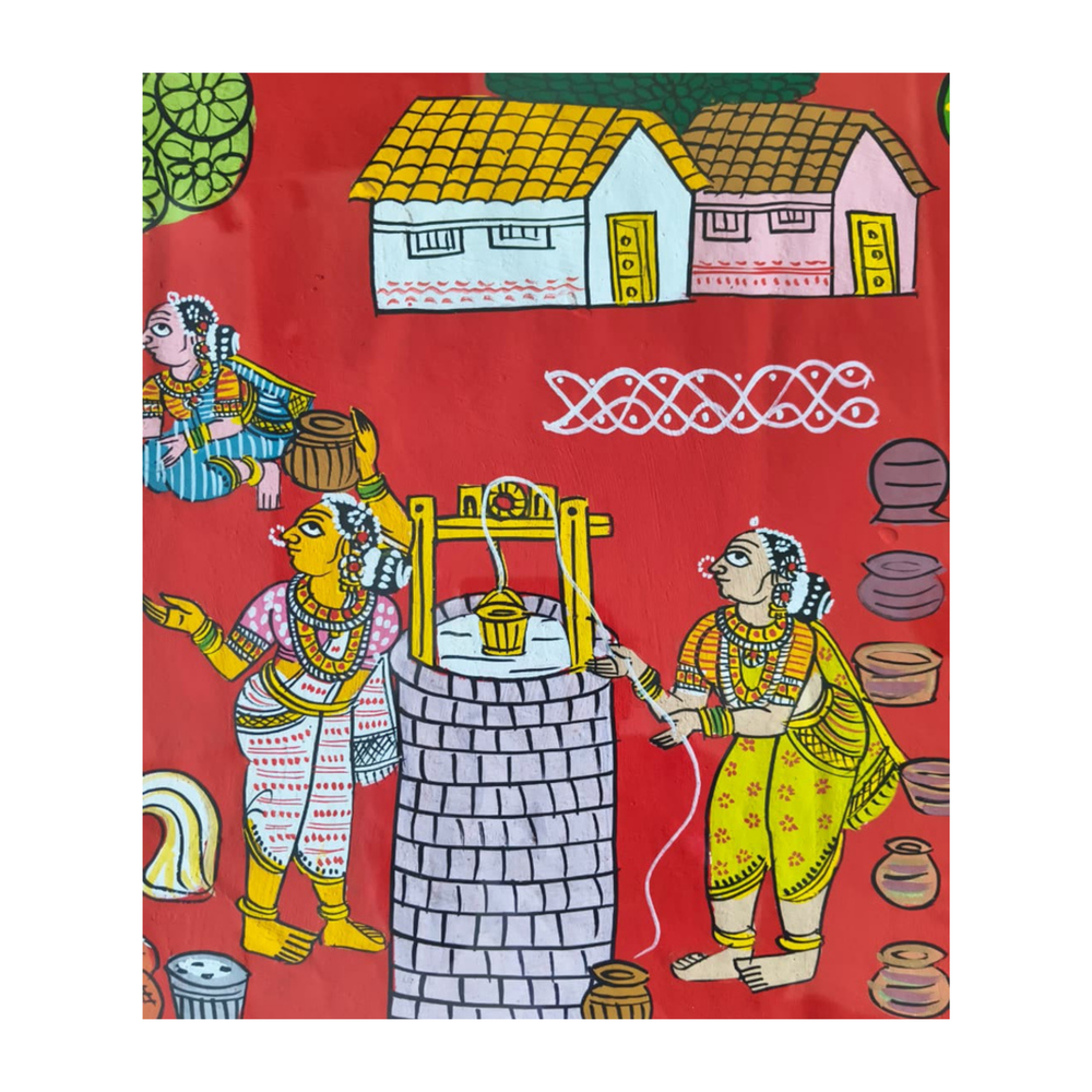 Hand-Painted Village Well & Daily Life Cheriyal Painting   Cheriyala Painting