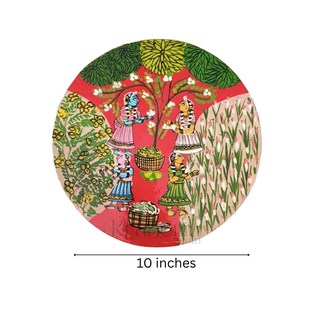 Cheriyal Flower Gathering Scene – Hand-Painted Round Wall Decor   wall decor