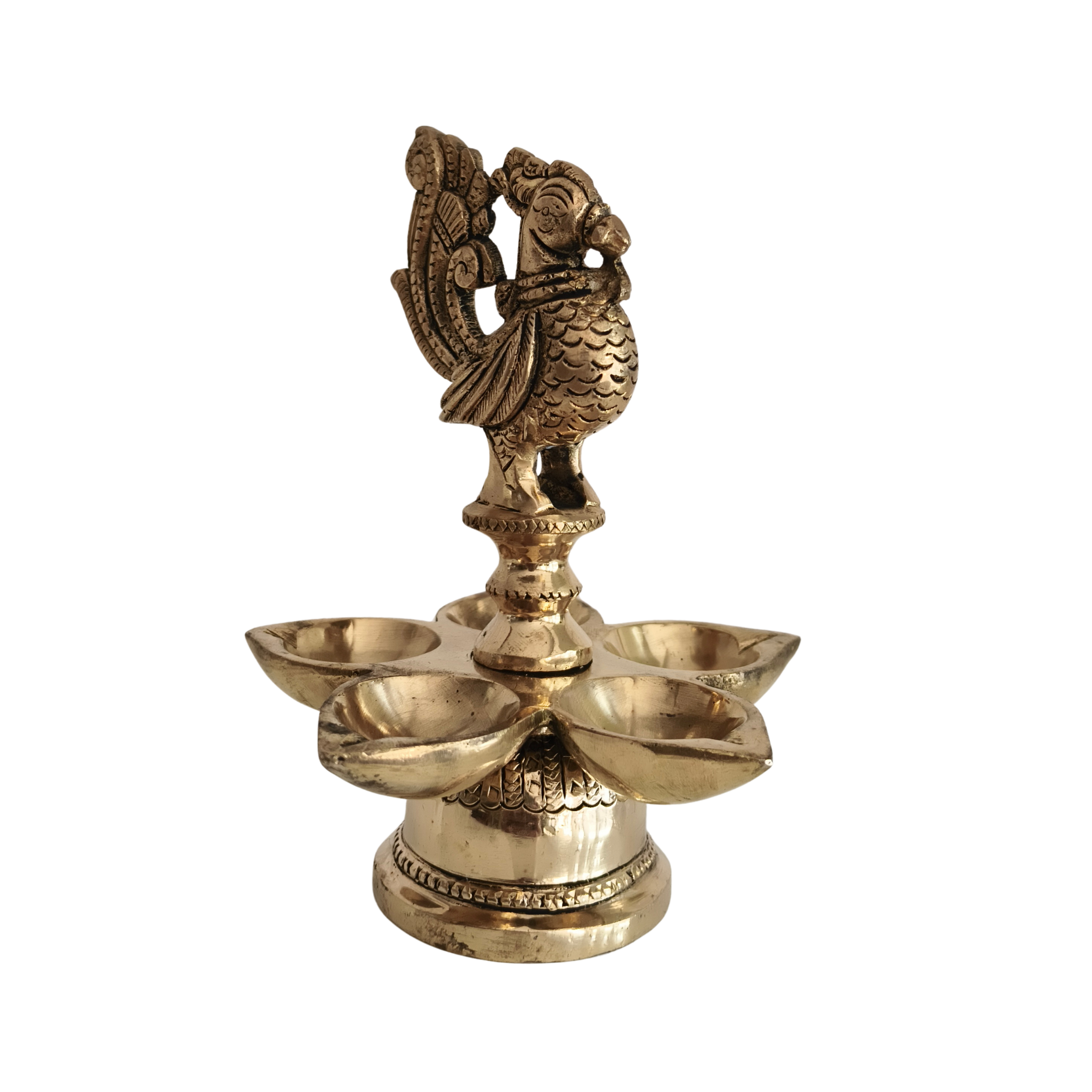 Brass Pancha Mukhi Peacock Diya - Five-Wick Traditional Oil Lamp